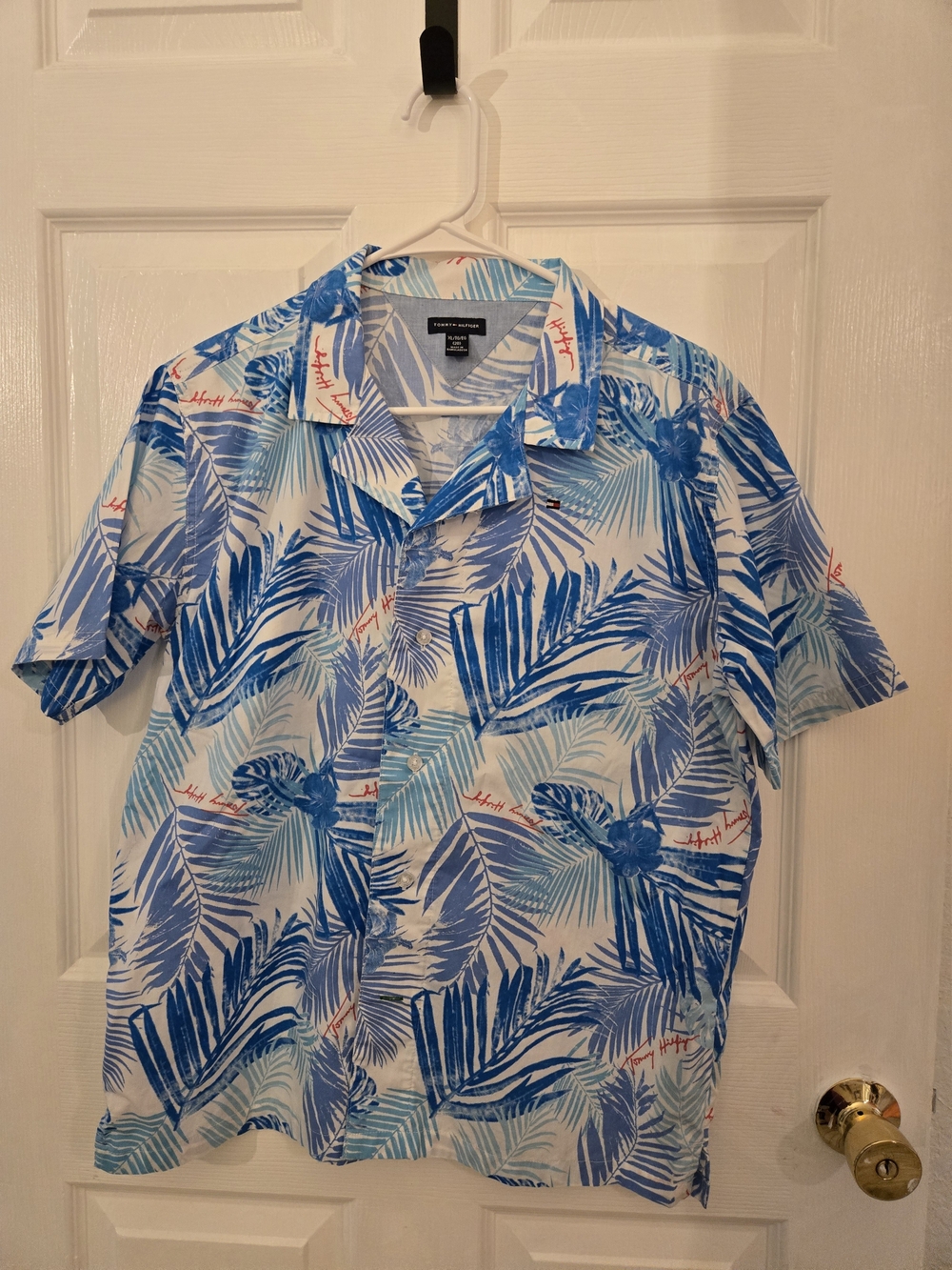 Tommy Hilfiger White and Blue Tropical Print Camp Shirt